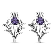 Amethyst CZ Thistle Stud Silver Earrings, e342